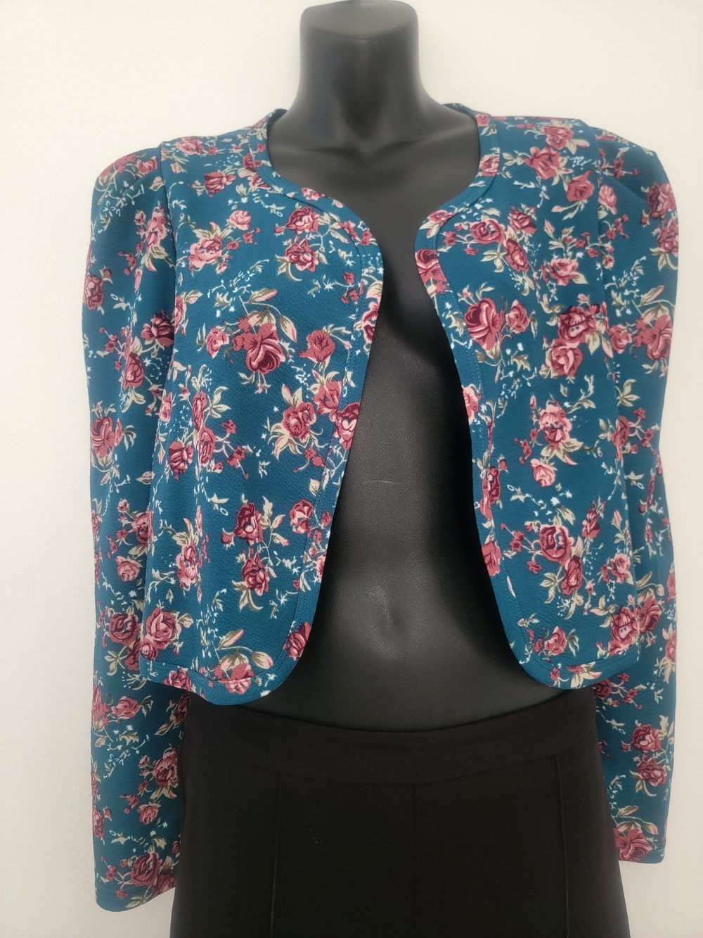 Floral Open Front Cropped Jacket - Teal & Pink